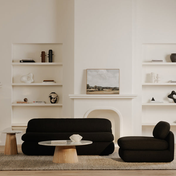 Moe's Home Scout Sofa - Retro-inspired Bouclé Elegance With Curved Design And Plush Comfort For Modern Living Black Upholstery, 95% Polyester,5% Arcrylic,Frame, Mdf,Plywood,Pine Fo-1008-02