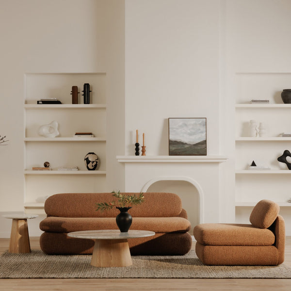 Moe's Home Scout Sofa - Retro-inspired Bouclé Elegance With Curved Design And Plush Comfort For Modern Living Brown Upholstery, Polyester 86% Acrylic 7% Wool 7%.,Frame, Mdf,Plywood,Pine Fo-1008-03