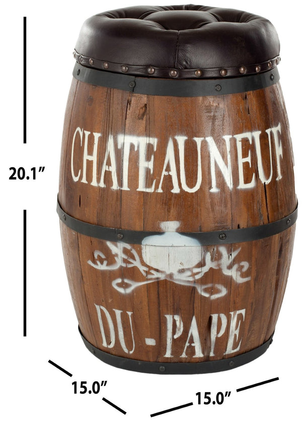 Safavieh Bryce Barrel Stool - Rustic French Country Accent With Regenerated Leather & Reclaimed Wood Frame FOX1011A