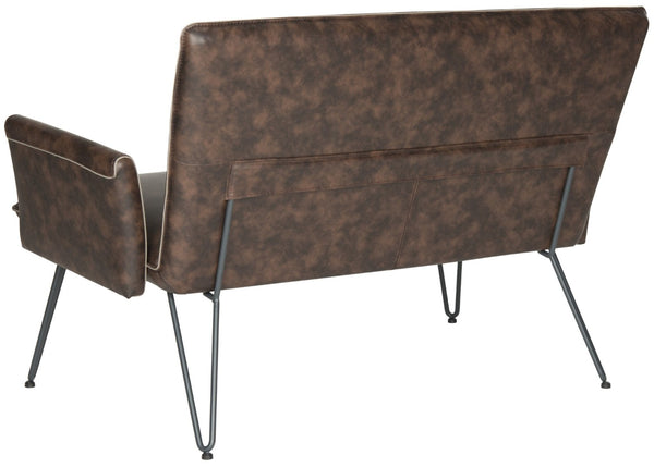 Safavieh Johannes Mid-Century Modern Settee - Stylish Vegan Leather Sofa With Hairpin Legs For Chic Spaces Antique Brown FOX1701A
