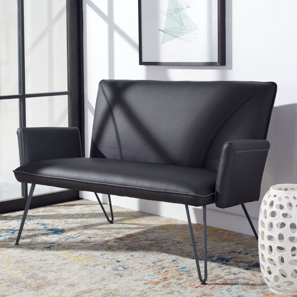 Safavieh Johannes Mid-Century Modern Settee - Stylish Vegan Leather Sofa With Hairpin Legs For Chic Spaces Black FOX1701D