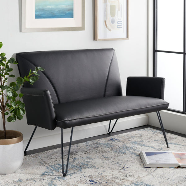 Safavieh Johannes Mid-Century Modern Settee - Stylish Vegan Leather Sofa With Hairpin Legs For Chic Spaces Black FOX1701D
