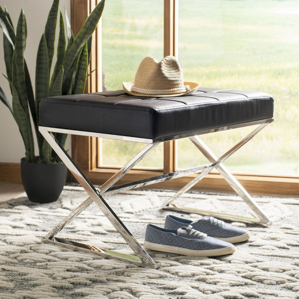 Safavieh Micha Ottoman - Modern Bauhaus-Inspired Design For Versatile Living Spaces, Luxury Comfort & Style Black/Chrome FOX2022D