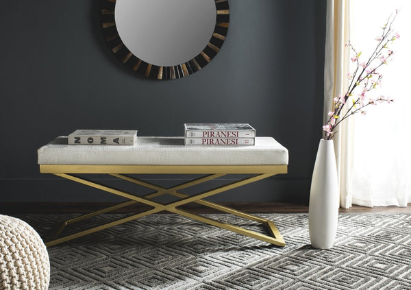 Safavieh Acra Bench - Luxe Modern Glam Seating With Gold Finish, Perfect For Entryway, Bedroom & Living Space White Crocodile/Gold FOX2027C