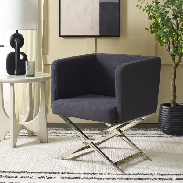Safavieh Celine Modern Cross-Leg Accent Chair - Plush Upholstered Seat & Polished Frame For Stylish Spaces Black/Chrome FOX2033B