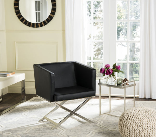 Safavieh Celine Modern Bonded Leather Accent Chair With Polished Chrome Frame For Stylish Comfort And Design Black/Chrome FOX2033D