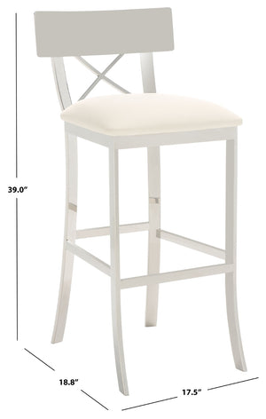 Safavieh Zoey 39''H Stainless Steel Bar Stool - Modern Cross-Back Design With White Faux Leather Comfort FOX2034B