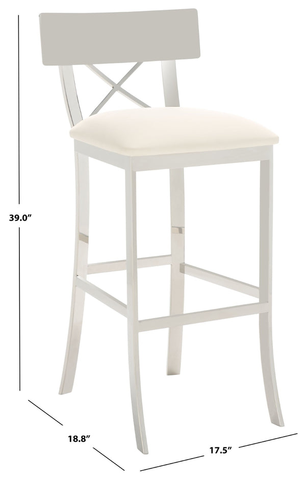 Safavieh Zoey 39''H Stainless Steel Bar Stool - Modern Cross-Back Design With White Faux Leather Comfort FOX2034B
