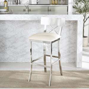 Safavieh Zoey 39''H Stainless Steel Bar Stool - Modern Cross-Back Design With White Faux Leather Comfort FOX2034B