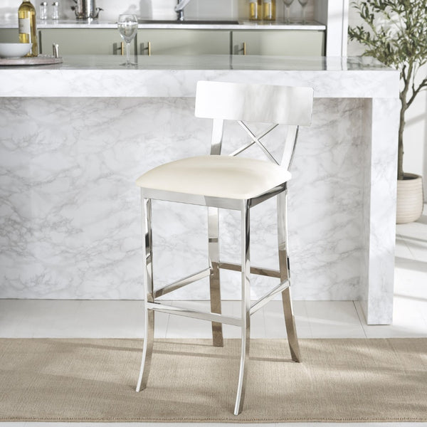 Safavieh Zoey 39''H Stainless Steel Bar Stool - Modern Cross-Back Design With White Faux Leather Comfort FOX2034B