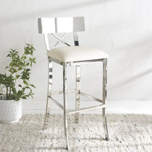 Safavieh Zoey 39''H Stainless Steel Bar Stool - Modern Cross-Back Design With White Faux Leather Comfort FOX2034B