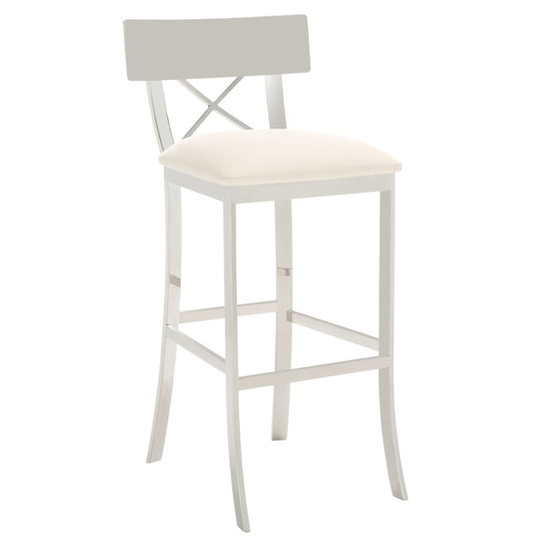 Safavieh Zoey 39''H Stainless Steel Bar Stool - Modern Cross-Back Design With White Faux Leather Comfort FOX2034B