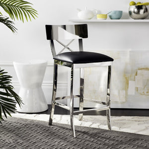 Safavieh Zoey 35''H Stainless Steel Cross-Back Counter Stool - Modern Minimalist With Luxe Black Upholstery FOX2035A