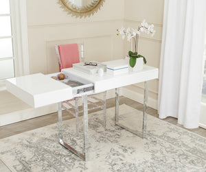 Safavieh Berkley Desk - Modern White Workspace With Chrome Legs, Lift-Top Storage, Perfect For Home Or Office FOX2200A