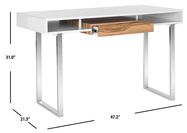 Safavieh Metropolitan Contemporary Writing Desk - Minimalist Design, White Lacquer Top, Chrome Accents & Storage FOX2203A