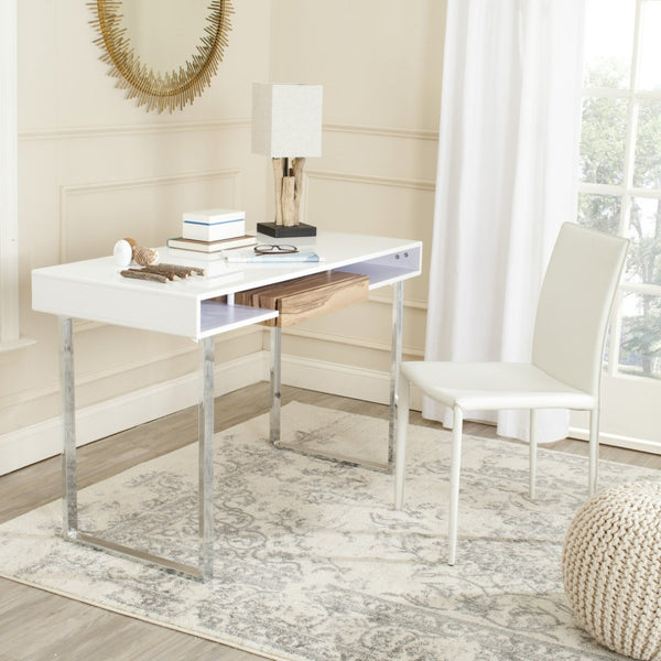 Safavieh Metropolitan Contemporary Writing Desk - Minimalist Design, White Lacquer Top, Chrome Accents & Storage FOX2203A