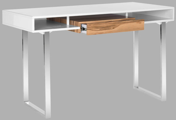 Safavieh Metropolitan Contemporary Writing Desk - Minimalist Design, White Lacquer Top, Chrome Accents & Storage FOX2203A