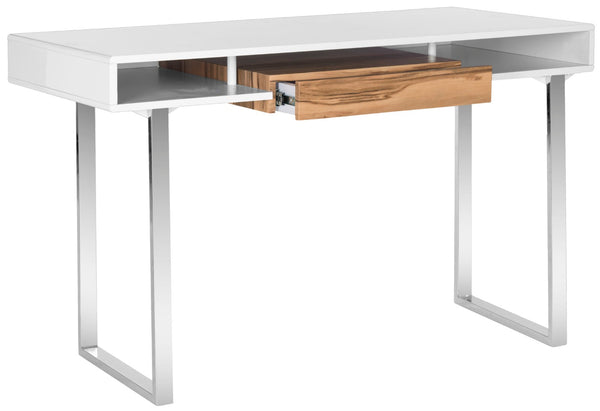 Safavieh Metropolitan Contemporary Writing Desk - Minimalist Design, White Lacquer Top, Chrome Accents & Storage FOX2203A