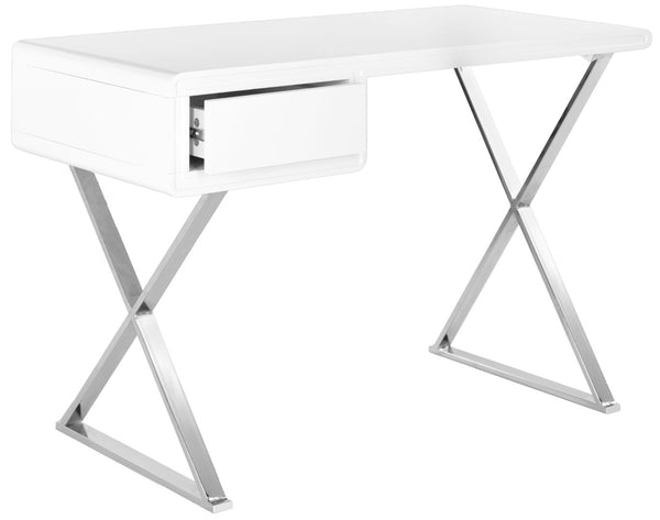 Safavieh Hanover Desk – Modern White Lacquer Writing Station With Chrome Accents For Stylish Home Offices FOX2207A