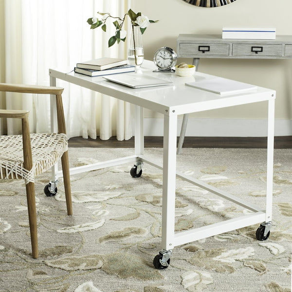 Safavieh Bentley Desk - Modern Industrial Workspace With Glossy Finish And Mobile Iron Frame For Versatile Use White FOX2211B