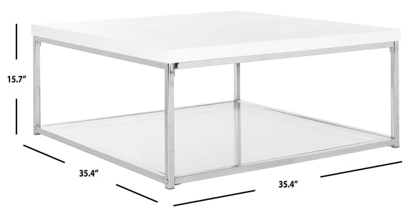Safavieh Malone High Gloss Coffee Table With Chrome Frame & Glass Shelf - Retro-Modern Living Room Centerpiece FOX2214A