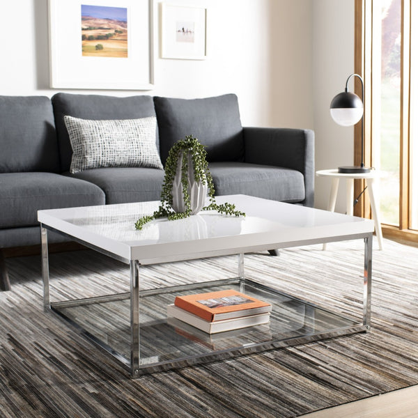 Safavieh Malone High Gloss Coffee Table With Chrome Frame & Glass Shelf - Retro-Modern Living Room Centerpiece FOX2214A