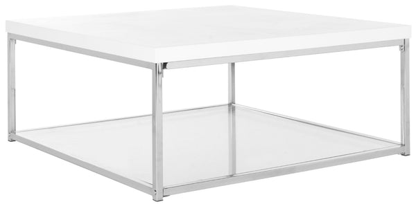 Safavieh Malone High Gloss Coffee Table With Chrome Frame & Glass Shelf - Retro-Modern Living Room Centerpiece FOX2214A