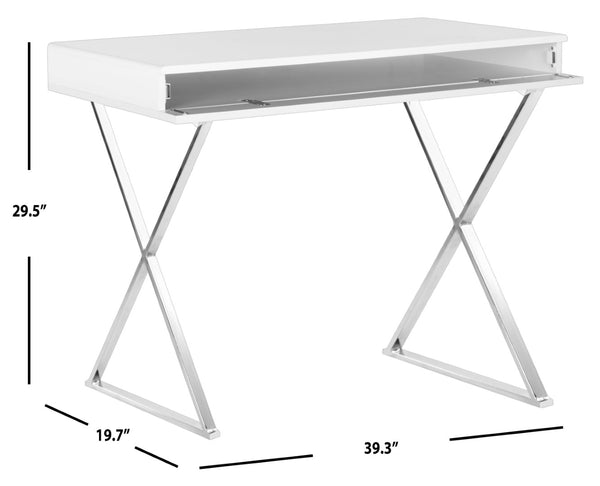 Safavieh Gordon Contemporary Writing Desk With Discreet Storage - Sleek White Lacquer Finish & Silver Legs FOX2217A