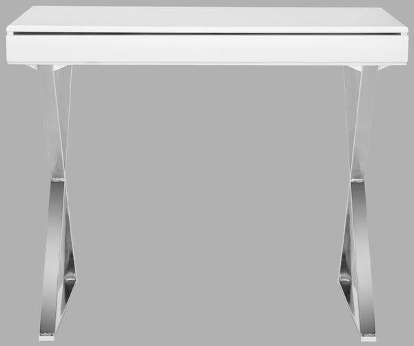 Safavieh Gordon Contemporary Writing Desk With Discreet Storage - Sleek White Lacquer Finish & Silver Legs FOX2217A