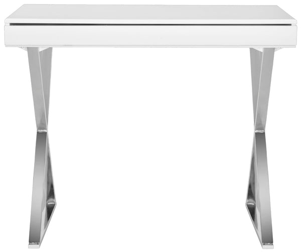 Safavieh Gordon Contemporary Writing Desk With Discreet Storage - Sleek White Lacquer Finish & Silver Legs FOX2217A