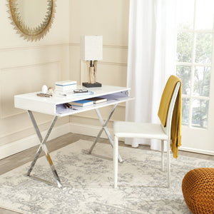 Safavieh Gordon Contemporary Writing Desk With Discreet Storage - Sleek White Lacquer Finish & Silver Legs FOX2217A