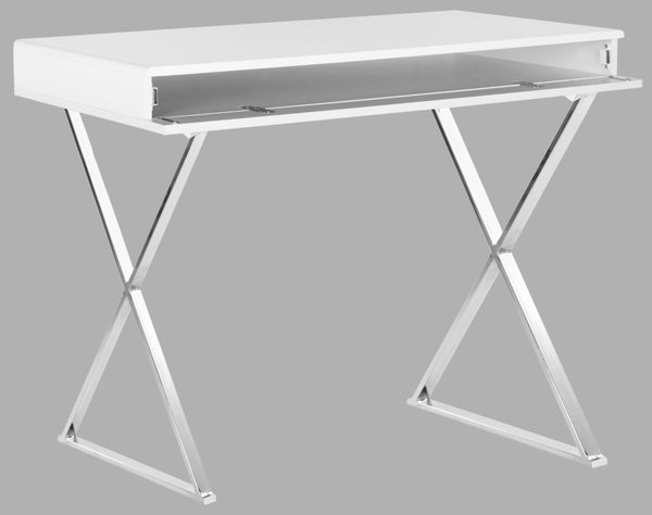 Safavieh Gordon Contemporary Writing Desk With Discreet Storage - Sleek White Lacquer Finish & Silver Legs FOX2217A