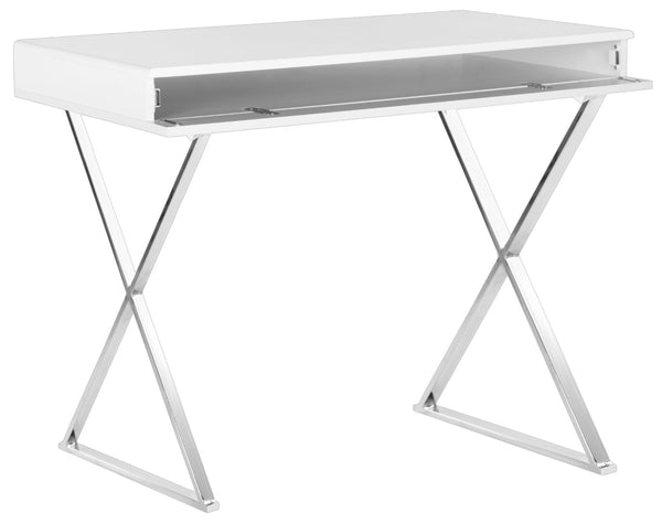 Safavieh Gordon Contemporary Writing Desk With Discreet Storage - Sleek White Lacquer Finish & Silver Legs FOX2217A