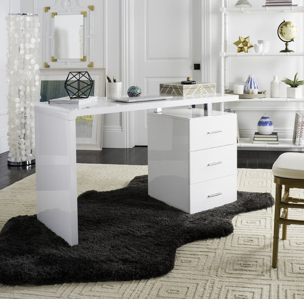 Safavieh Orrin Modern 3-Drawer Desk With Glossy White Finish And Chrome Accents For Stylish Home Office Use FOX2235A