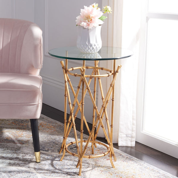 Safavieh Maria Gold Bamboo Glass Top Accent Table – Tropical Glamour For Modern & Traditional Decor Styles FOX2509A