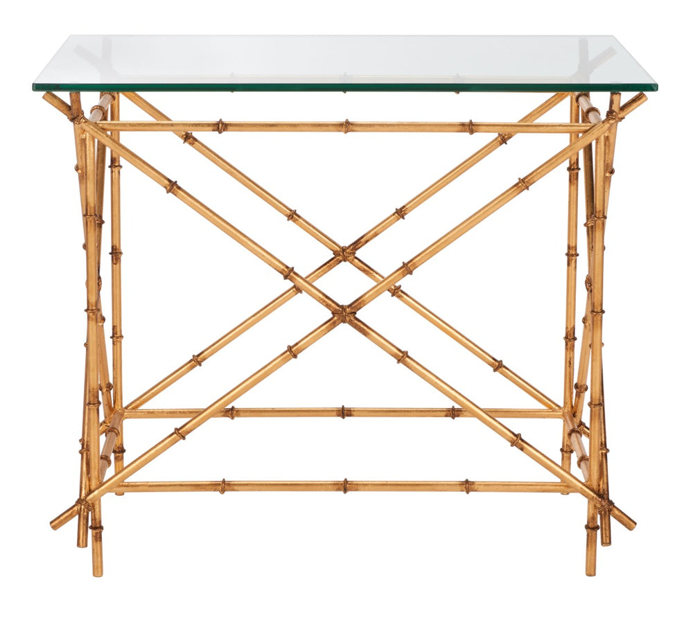 Safavieh Mark Crisscrossed Gold Accent Table – Chic Bamboo-Inspired Design With Clear Glass Top For Modern Spaces FOX2511A