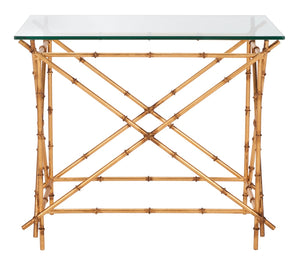 Safavieh Mark Crisscrossed Gold Accent Table – Chic Bamboo-Inspired Design With Clear Glass Top For Modern Spaces FOX2511A