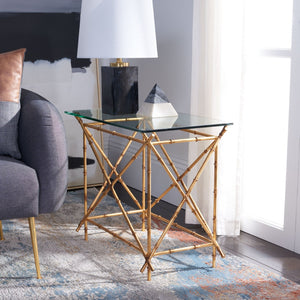 Safavieh Mark Crisscrossed Gold Accent Table – Chic Bamboo-Inspired Design With Clear Glass Top For Modern Spaces FOX2511A