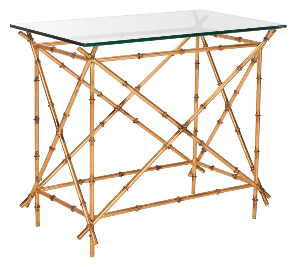 Safavieh Mark Crisscrossed Gold Accent Table – Chic Bamboo-Inspired Design With Clear Glass Top For Modern Spaces FOX2511A
