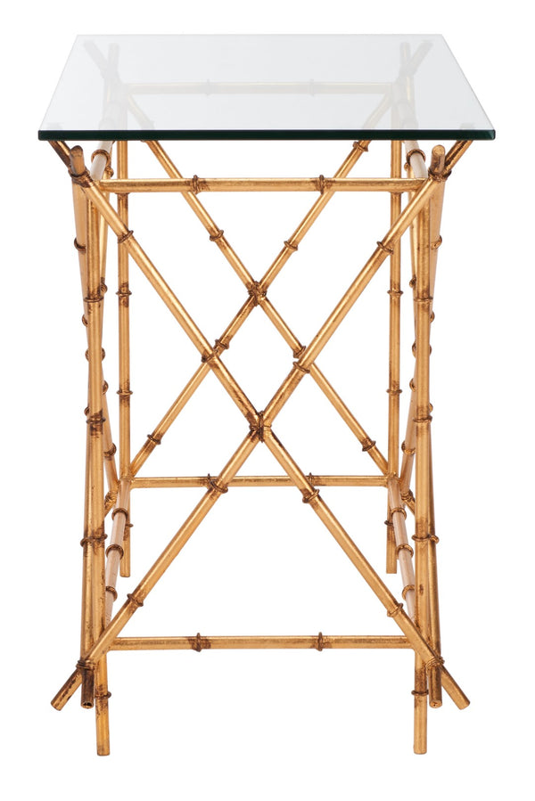Safavieh Mark Crisscrossed Gold Accent Table – Chic Bamboo-Inspired Design With Clear Glass Top For Modern Spaces FOX2511A