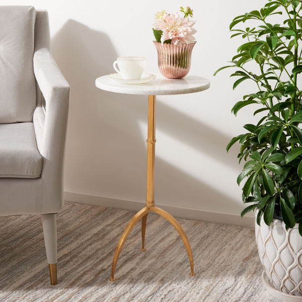 Safavieh Myrna Glamorous Round Gold Leaf Accent Table With White Granite Top For Stylish Living Spaces FOX2516A