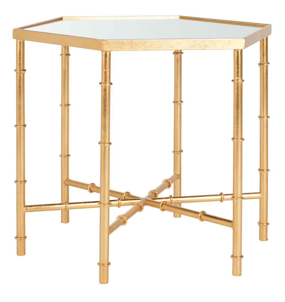 Safavieh Kerri Glam Gold Leaf Accent Table With Mirrored Top & Faux Bamboo Design For Chic Home Decor FOX2517A