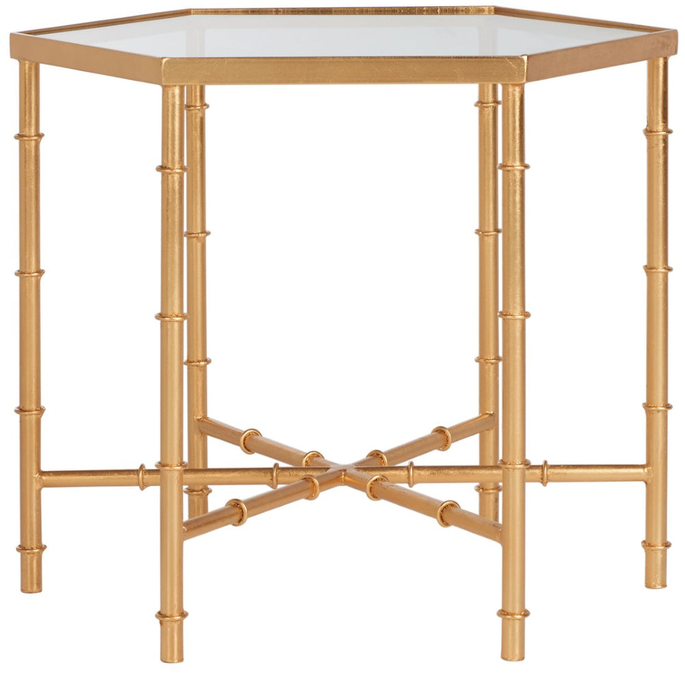 Safavieh Kerri Gold Leaf Accent Table - Chic Faux Bamboo Design With Clear Glass Top For Elegant Interiors FOX2517B