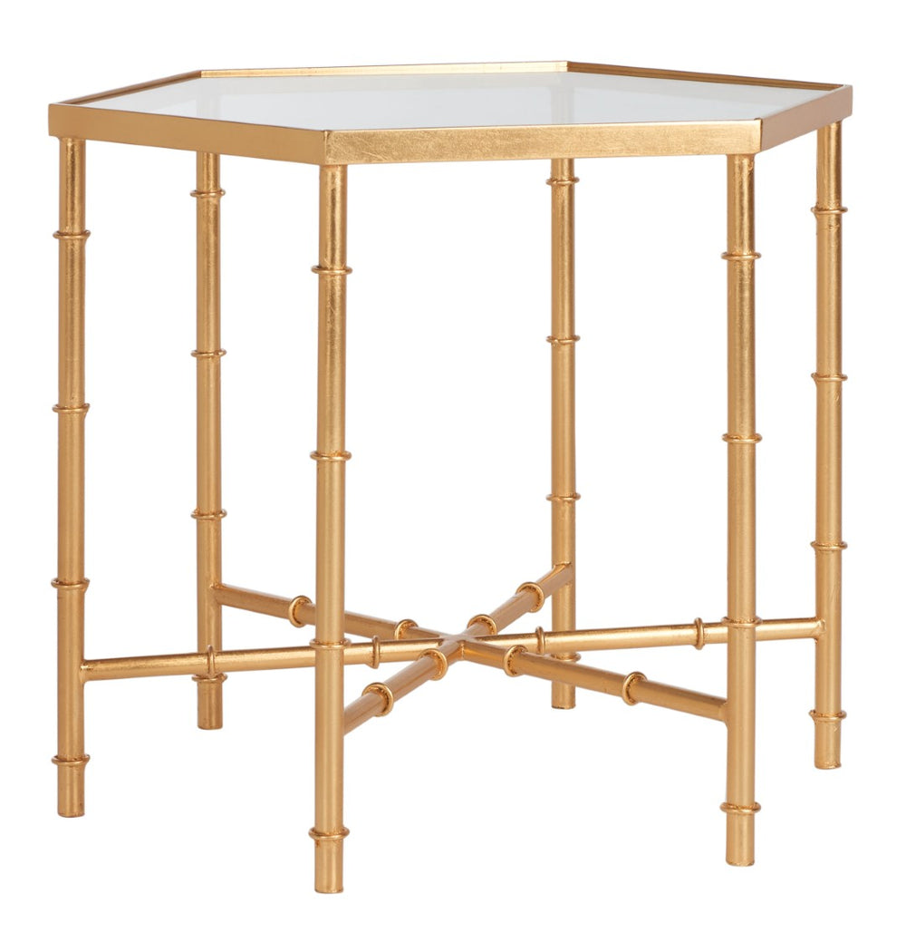 Safavieh Kerri Gold Leaf Accent Table - Chic Faux Bamboo Design With Clear Glass Top For Elegant Interiors FOX2517B