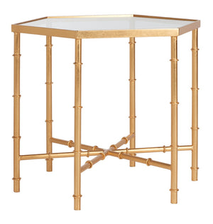 Safavieh Kerri Gold Leaf Accent Table - Chic Faux Bamboo Design With Clear Glass Top For Elegant Interiors FOX2517B