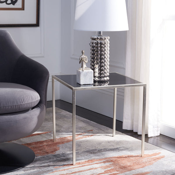 Safavieh Kiley Silver Leaf Accent Table - Modern Elegance With Black Glass Top For Living Room & Bedroom Use FOX2525C