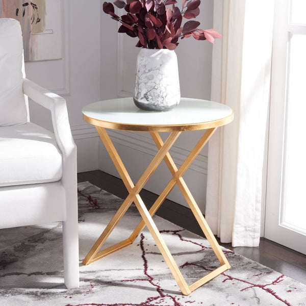 Safavieh Riona Round Top Accent Table – Elegant Gold Leaf Base, White Glass Top, Ideal For Living Spaces FOX2539A