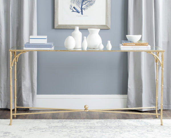 Safavieh Maurice Console Table – Luxurious Gilt Iron Frame With Glass Top For Elegant Entryway Or Living Space FOX2544A