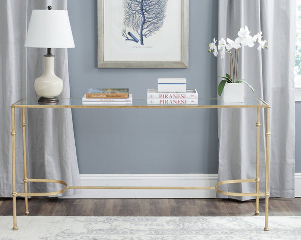 Safavieh Lucille Console Table - Elegant Gold Leaf Design With Tempered Glass Top For Chic Entryway Style FOX2548A