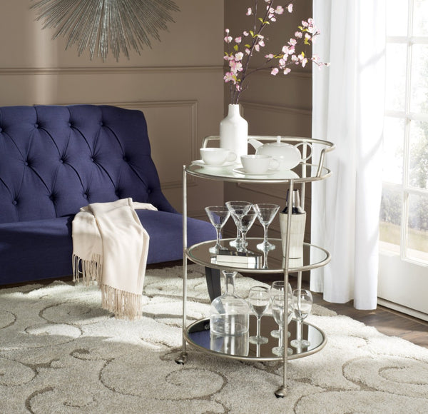 Safavieh Dulcinea Bar Cart - Stylish Iron Cocktail Cart With Mirrored Shelves For Elegant Entertaining Silver/Mirror FOX2554A